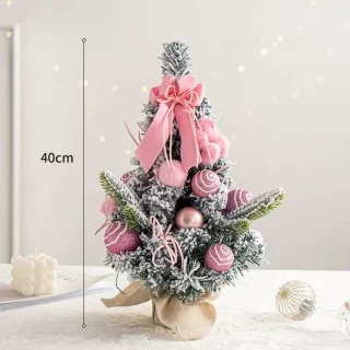 Tafelkerstboom - 40 cm - Mini kunstkerstboom - Met roze ornamenten - Bevlokte kerstboom - Kerstdecoratie - Geschikt voor binnen