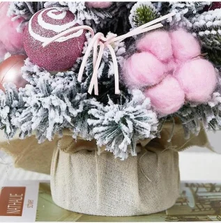 Tafelkerstboom - 40 cm - Mini kunstkerstboom - Met roze ornamenten - Bevlokte kerstboom - Kerstdecoratie - Geschikt voor binnen