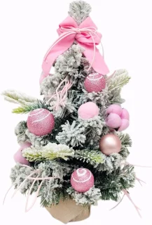 Tafelkerstboom - 40 cm - Mini kunstkerstboom - Met roze ornamenten - Bevlokte kerstboom - Kerstdecoratie - Geschikt voor binnen