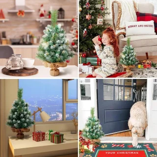 60 cm kunstkerstboom met sneeuwvlokkendecoratie - 2 soorten dennenbladeren - 65 punten linnen katoen - cementbasis - kerstdecoraties