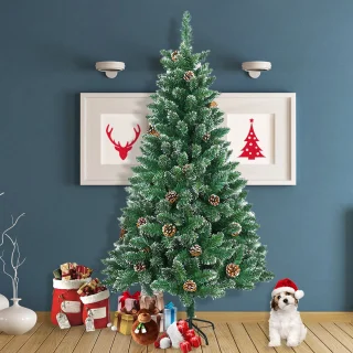 180cm Kunstkerstboom met lichtgevende groene PVC met sneeuweffect & dennenappels LED PVC kerstboom dennenboom decoratieve boom met standaard Kerstversiering voor kerstversiering