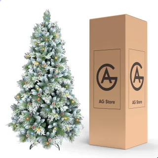 AG Kerstboom met verlichting & kerstversiering - Sneeuw -210 cm - 1150 Takken - Zeer Dicht Takkenstelsel - 1 Taksoort - Eenvoudige Opbouw Zonder Gereedschap - Wit - Kunstkerstboom Net Echt - Volle Kerstboom