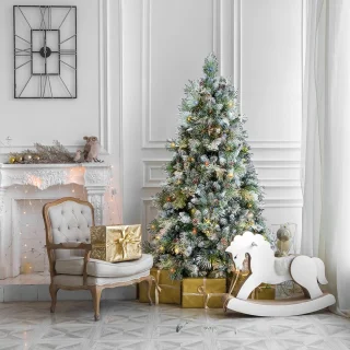AG Kerstboom met verlichting & kerstversiering - Sneeuw -210 cm - 1150 Takken - Zeer Dicht Takkenstelsel - 1 Taksoort - Eenvoudige Opbouw Zonder Gereedschap - Wit - Kunstkerstboom Net Echt - Volle Kerstboom