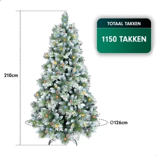 AG Kerstboom met verlichting & kerstversiering - Sneeuw -210 cm - 1150 Takken - Zeer Dicht Takkenstelsel - 1 Taksoort - Eenvoudige Opbouw Zonder Gereedschap - Wit - Kunstkerstboom Net Echt - Volle Kerstboom