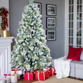 AG Kerstboom met verlichting & kerstversiering - Sneeuw -210 cm - 1150 Takken - Zeer Dicht Takkenstelsel - 1 Taksoort - Eenvoudige Opbouw Zonder Gereedschap - Wit - Kunstkerstboom Net Echt - Volle Kerstboom