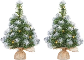2x Mini kunst kerstboom met 10 LED lampjes en sneeuw 45 cm - Mini kerstboompjes