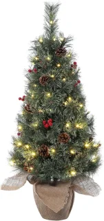 Kunstkerstboom met verlichting 90 cm PVC Dennenboom Kerstboom met 78 LED's en standaard Nepkerstbomen Kerstversiering, met sneeuw en dennenappels
