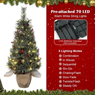 Kunstkerstboom met verlichting 90 cm PVC Dennenboom Kerstboom met 78 LED's en standaard Nepkerstbomen Kerstversiering, met sneeuw en dennenappels