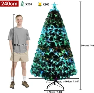 Kunstkerstboom 240 cm, Kerstboom Met Led-Lampjes En Stertopper, Kunstkerstboom Met Glasvezel, Kleurveranderend, Dennenboom Voor Kantoor, Winkels En Thuis (2,4 M, Kleurrijke Glasvezel)