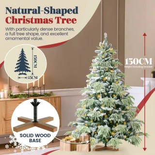 Soontrans 150 cm Kunstkerstboom, PVC + PE Groene Kerstboom, kunstmatige Spar Met LED-Verlichting, Sneeuwbedekking, Decoratieve Accessoires, Beschermende Handschoenen, Opbergtas, Houten Standaard