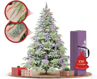 Soontrans 150 cm Kunstkerstboom, PVC + PE Groene Kerstboom, kunstmatige Spar Met LED-Verlichting, Sneeuwbedekking, Decoratieve Accessoires, Beschermende Handschoenen, Opbergtas, Houten Standaard