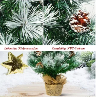 COSTWAY Kunstmatige mini-kerstboom, 60 cm, tafel dennenboom met cementbasis, besneeuwde kerstboom met dennenappels, kunstboom Kerstmis 34 punten PVC naalden, groen