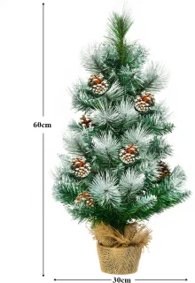 COSTWAY Kunstmatige mini-kerstboom, 60 cm, tafel dennenboom met cementbasis, besneeuwde kerstboom met dennenappels, kunstboom Kerstmis 34 punten PVC naalden, groen