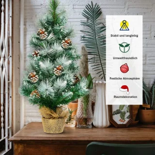 COSTWAY Kunstmatige mini-kerstboom, 60 cm, tafel dennenboom met cementbasis, besneeuwde kerstboom met dennenappels, kunstboom Kerstmis 34 punten PVC naalden, groen
