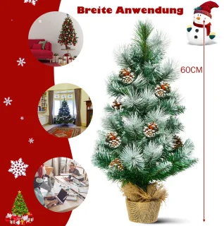 COSTWAY Kunstmatige mini-kerstboom, 60 cm, tafel dennenboom met cementbasis, besneeuwde kerstboom met dennenappels, kunstboom Kerstmis 34 punten PVC naalden, groen