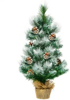 COSTWAY Kunstmatige mini-kerstboom, 60 cm, tafel dennenboom met cementbasis, besneeuwde kerstboom met dennenappels, kunstboom Kerstmis 34 punten PVC naalden, groen