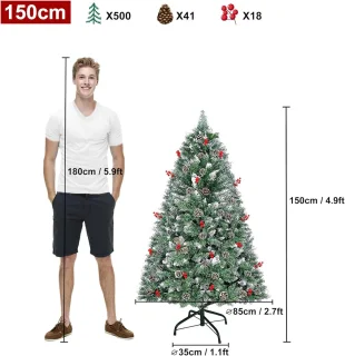 Kunstkerstboom, 1,5 M Kunstkerstboom Wit Met Sneeuw En Dennenappels, Grenenhout, Snelle Montage, Brandvertragend, Inclusief Kerstboomstandaard (Grenenhout, Natuurlijk Wit Met Sneeuw)