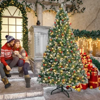 Kunstkerstboom, 1,5 M Kunstkerstboom Wit Met Sneeuw En Dennenappels, Grenenhout, Snelle Montage, Brandvertragend, Inclusief Kerstboomstandaard (Grenenhout, Natuurlijk Wit Met Sneeuw)