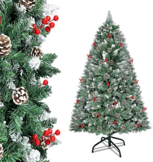 Kunstkerstboom, 1,5 M Kunstkerstboom Wit Met Sneeuw En Dennenappels, Grenenhout, Snelle Montage, Brandvertragend, Inclusief Kerstboomstandaard (Grenenhout, Natuurlijk Wit Met Sneeuw)
