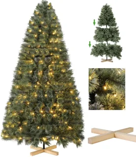 Kunstkerstboom - Kerstboom - Kunstboom - Zonder Verlichting - 180cm - Inklapbare Kerstboom - Vlamvertragend PVC - Houten Standaard - Realistische Dennenboom - 510 Takken - Opvouwbaar - Snel Op Te Zetten - Stevige Basis