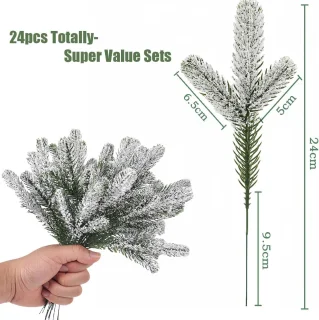 24pcs Snowy Artificial Pine Needles Branches Twigs 24cm - Fake Matte Pine - Stimulates Green Stems - Christmas Tree Pick - Winter Faux Pine Sprays - Sprig for Crafts - Christmas Wreaths - Seizoensdecoratie