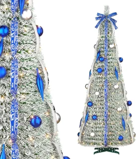Aufun Kunstkerstboom 150 cm Pop-up kerstboom Kerstdecoratie met LED-lampje en lint, strik (bevlokt, blauw zijden lint)