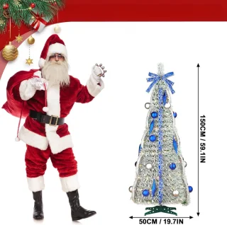 Aufun Kunstkerstboom 150 cm Pop-up kerstboom Kerstdecoratie met LED-lampje en lint, strik (bevlokt, blauw zijden lint)