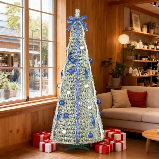 Aufun Kunstkerstboom 150 cm Pop-up kerstboom Kerstdecoratie met LED-lampje en lint, strik (bevlokt, blauw zijden lint)