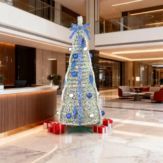 Aufun Kunstkerstboom 150 cm Pop-up kerstboom Kerstdecoratie met LED-lampje en lint, strik (bevlokt, blauw zijden lint)
