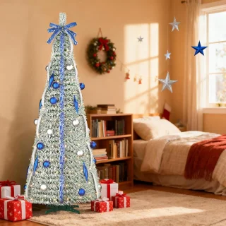 Aufun Kunstkerstboom 150 cm Pop-up kerstboom Kerstdecoratie met LED-lampje en lint, strik (bevlokt, blauw zijden lint)