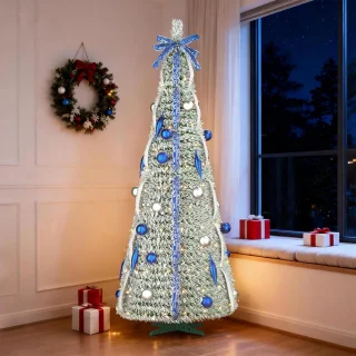 Aufun Kunstkerstboom 150 cm Pop-up kerstboom Kerstdecoratie met LED-lampje en lint, strik (bevlokt, blauw zijden lint)