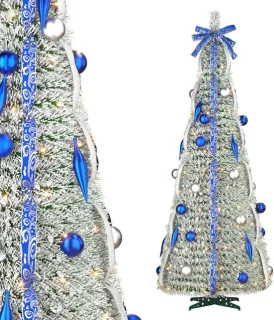 Aufun Kunstkerstboom 150 cm Pop-up kerstboom Kerstdecoratie met LED-lampje en lint, strik (bevlokt, blauw zijden lint)