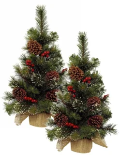 Everlands Ipswich mini kerstboom - 2x - H45 cm - met kerstversiering - kunstboom - klein kerstboompje