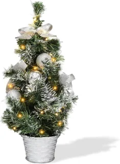 Kleine kerstboom - mini-kerstboom - kunstkerstboom 40 cm - met 20 ledlampen - dennenappels en kerstballen - voor thuis en kantoor - tafeldecoratie (zilver)