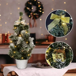 Kleine kerstboom - mini-kerstboom - kunstkerstboom 40 cm - met 20 ledlampen - dennenappels en kerstballen - voor thuis en kantoor - tafeldecoratie (zilver)