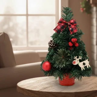 KLEINE Kunstkerstboom, rood met een ster van Bethlehem in een pot, VERSIERD 30 cm