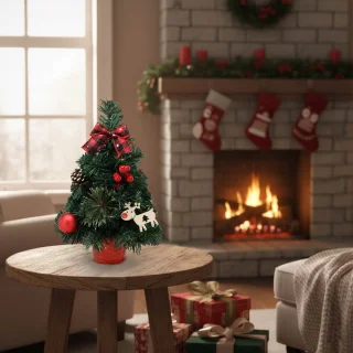 KLEINE Kunstkerstboom, rood met een ster van Bethlehem in een pot, VERSIERD 30 cm