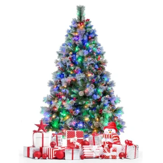 185 cm Verlichte Scharnierende Kunstkerstboom, 747 Takken, 350 LED-lampjes, 55 Dennenappels, 55 Rode Bessen, 11 Verlichtingsmodi