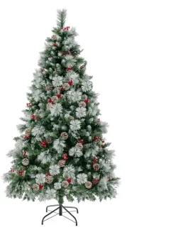 185 cm Verlichte Scharnierende Kunstkerstboom, 747 Takken, 350 LED-lampjes, 55 Dennenappels, 55 Rode Bessen, 11 Verlichtingsmodi