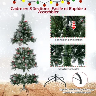 185 cm Verlichte Scharnierende Kunstkerstboom, 747 Takken, 350 LED-lampjes, 55 Dennenappels, 55 Rode Bessen, 11 Verlichtingsmodi