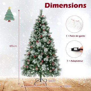185 cm Verlichte Scharnierende Kunstkerstboom, 747 Takken, 350 LED-lampjes, 55 Dennenappels, 55 Rode Bessen, 11 Verlichtingsmodi