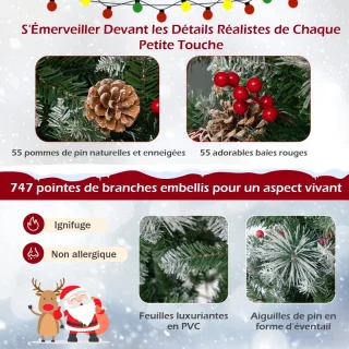 185 cm Verlichte Scharnierende Kunstkerstboom, 747 Takken, 350 LED-lampjes, 55 Dennenappels, 55 Rode Bessen, 11 Verlichtingsmodi
