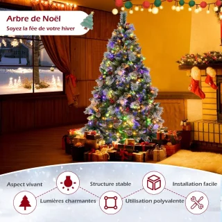 185 cm Verlichte Scharnierende Kunstkerstboom, 747 Takken, 350 LED-lampjes, 55 Dennenappels, 55 Rode Bessen, 11 Verlichtingsmodi