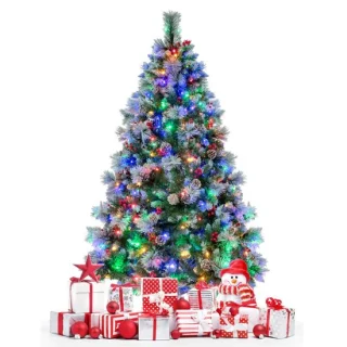 185 cm Verlichte Scharnierende Kunstkerstboom, 747 Takken, 350 LED-lampjes, 55 Dennenappels, 55 Rode Bessen, 11 Verlichtingsmodi