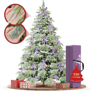 Soontrans 250 cm Kunstkerstboom, PVC + PE Groene Kerstboom, kunstmatige Spar Met LED-Verlichting, Sneeuwbedekking, Decoratieve Accessoires, Beschermende Handschoenen, Opbergtas, Houten Standaard