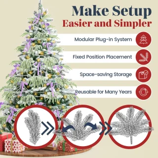 Soontrans 250 cm Kunstkerstboom, PVC + PE Groene Kerstboom, kunstmatige Spar Met LED-Verlichting, Sneeuwbedekking, Decoratieve Accessoires, Beschermende Handschoenen, Opbergtas, Houten Standaard