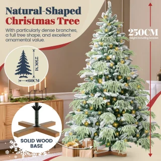 Soontrans 250 cm Kunstkerstboom, PVC + PE Groene Kerstboom, kunstmatige Spar Met LED-Verlichting, Sneeuwbedekking, Decoratieve Accessoires, Beschermende Handschoenen, Opbergtas, Houten Standaard