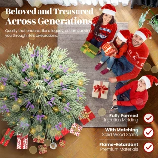 Soontrans 250 cm Kunstkerstboom, PVC + PE Groene Kerstboom, kunstmatige Spar Met LED-Verlichting, Sneeuwbedekking, Decoratieve Accessoires, Beschermende Handschoenen, Opbergtas, Houten Standaard
