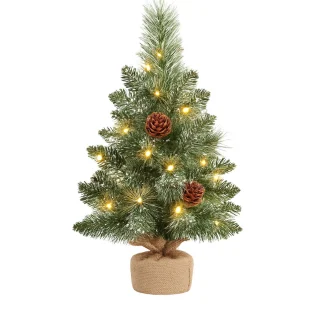 Mini Kunstkerstboom 40 cm met LED-verlichting, Timerfunctie & Versiering – Compacte Tafelkerstboom met Sneeuw & Dennenappels – Batterij (AA) – Voor Thuis of Kantoor
