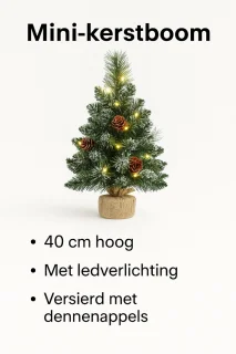 Mini Kunstkerstboom 40 cm met LED-verlichting, Timerfunctie & Versiering – Compacte Tafelkerstboom met Sneeuw & Dennenappels – Batterij (AA) – Voor Thuis of Kantoor